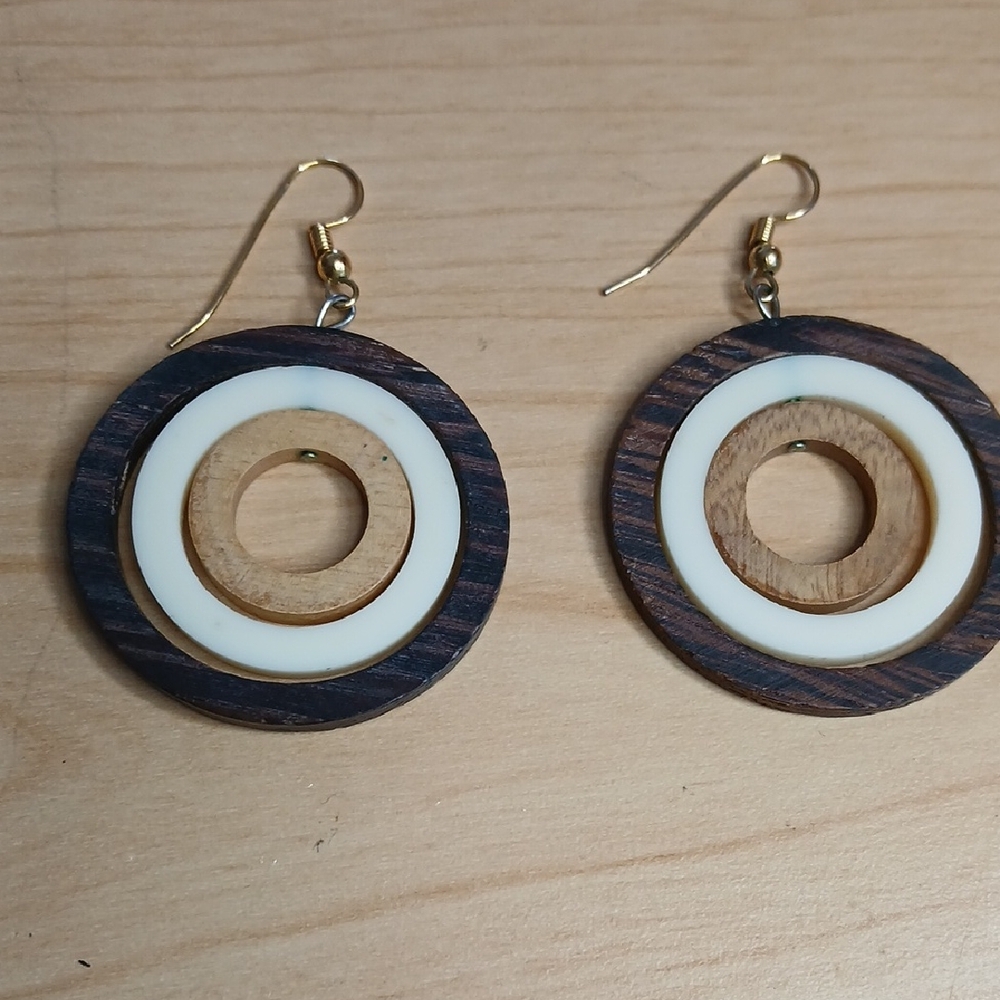 Triple Layer Wooden and Cream Acrylic Hoop Earrings